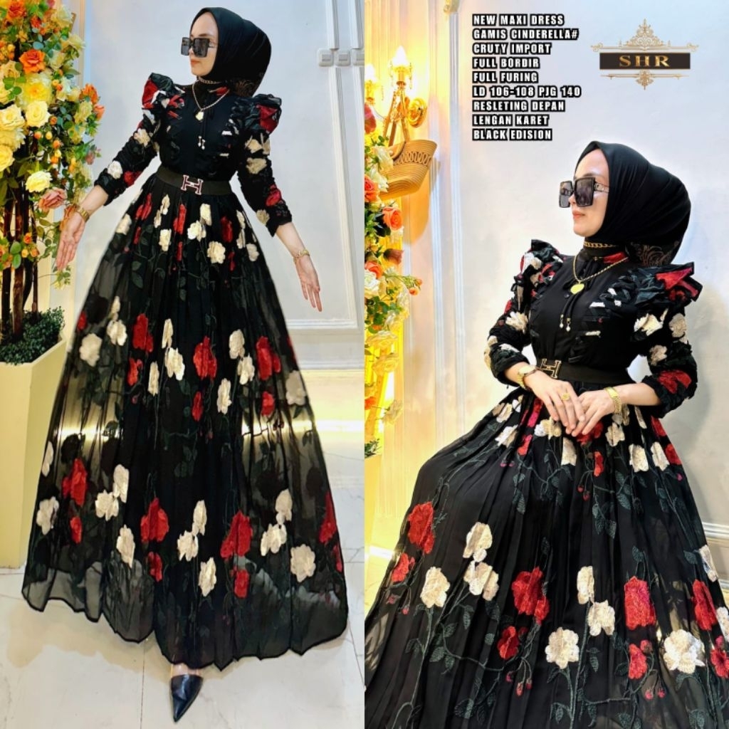 Maxi dress gamis cinderella cruty bunga tile timbul import by shr ori