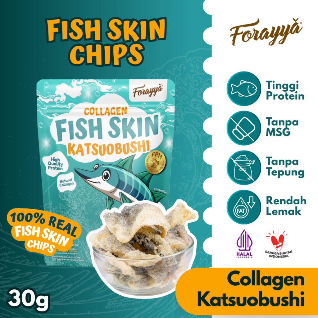 

Fish Skin Chips Collagen Katsuobushi 30gr - Keripik Kulit Ikan Cemilan Diet Sehat Tinggi Protein Non MSG Gluten Free