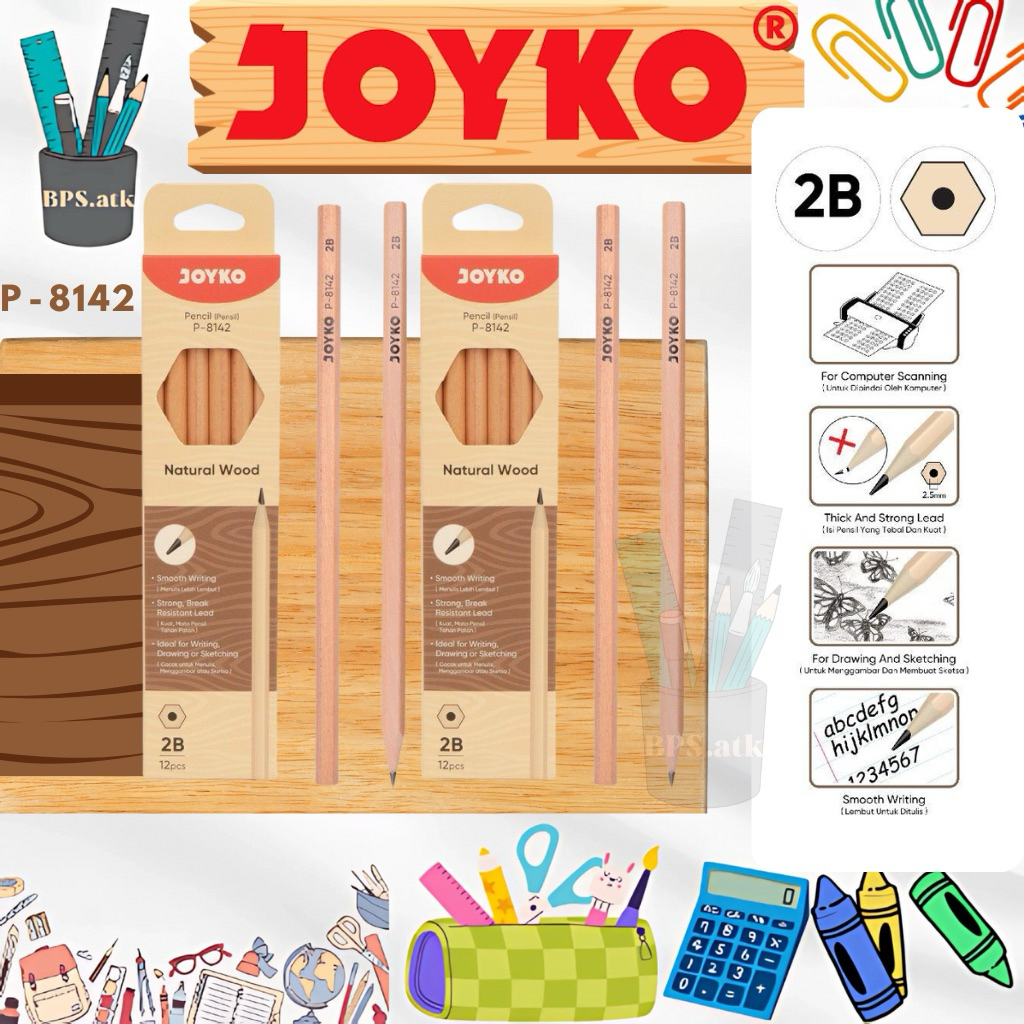 

(12pcs) Pencil / Pensil JOYKO P - 8142 2B Natural Wood Pensil Kayu