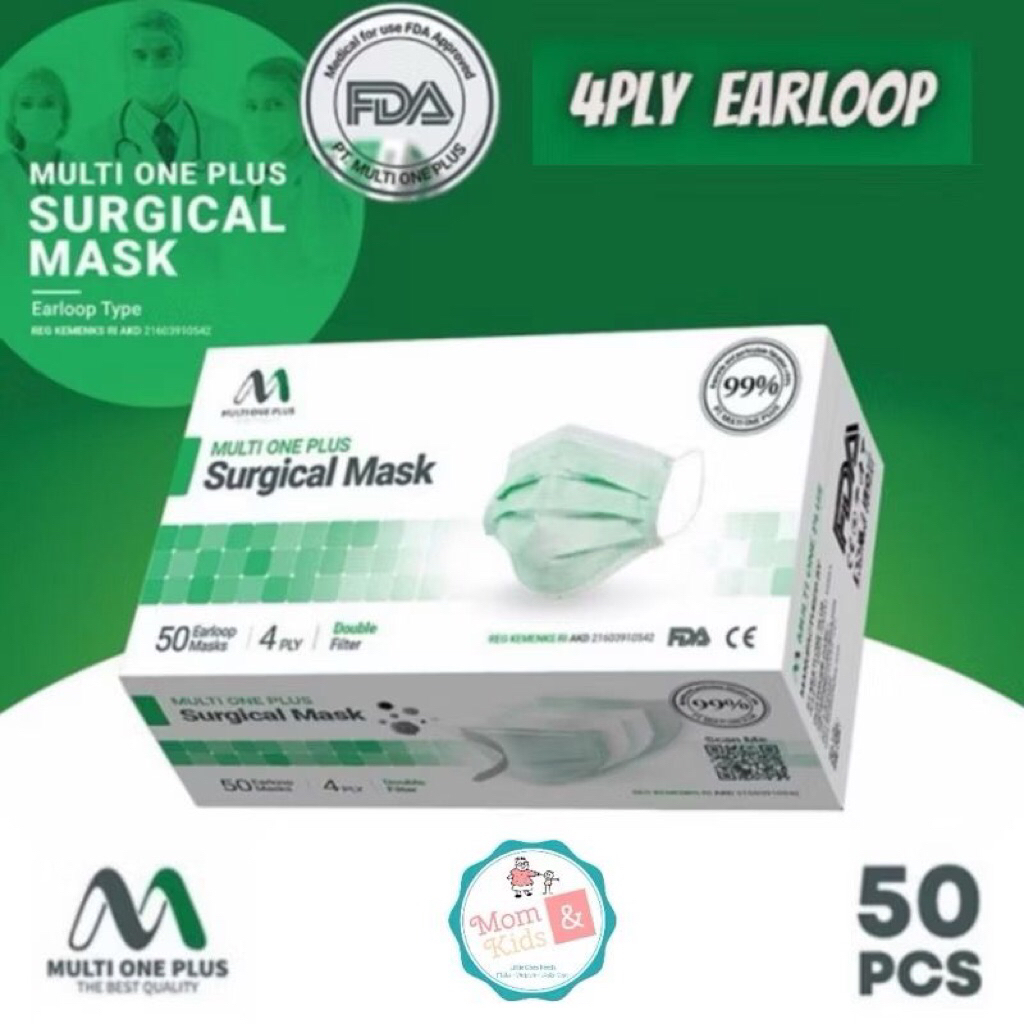 Masker Surgical Earloop Multi One Plus 4 Ply (50 pcs) | Multi One Plus Surgical Mask Earloop 4Ply