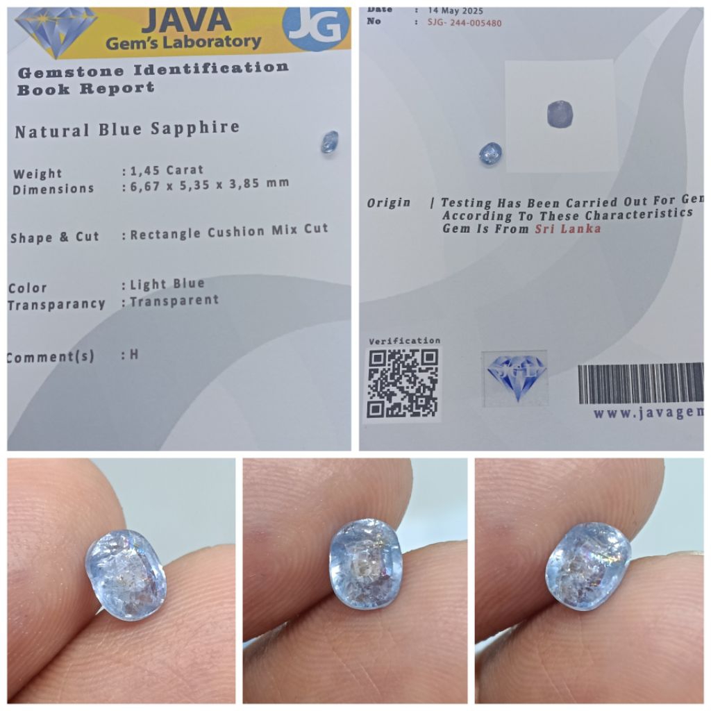 Natural Light Blue sapphire Ceylon 1,45ct Kristal Heat memo JGL safir Srilanka