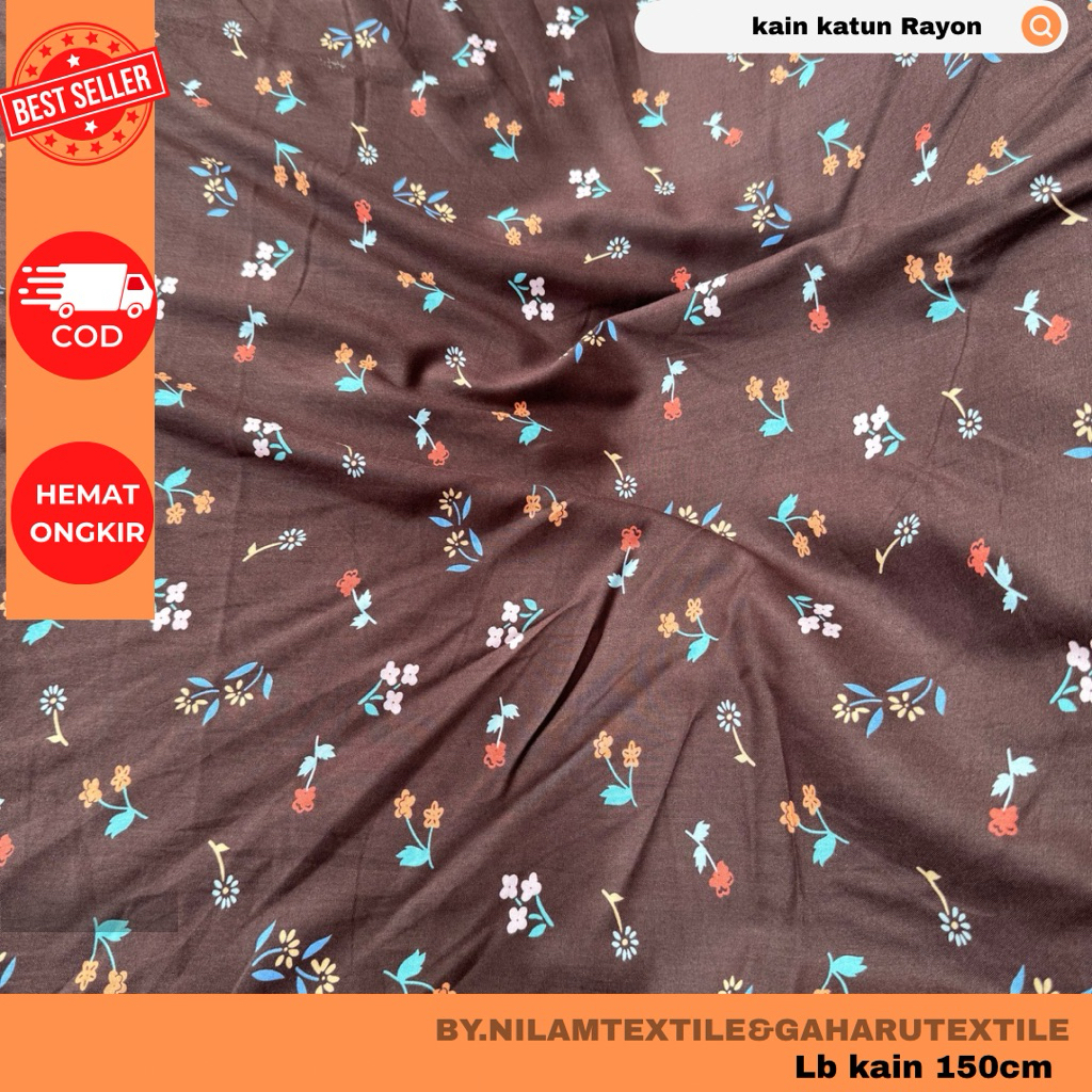 kain katun rayon/bahan rayon premium-rayon viscose-motif bunga dasar coklat-kain/bahan meteran