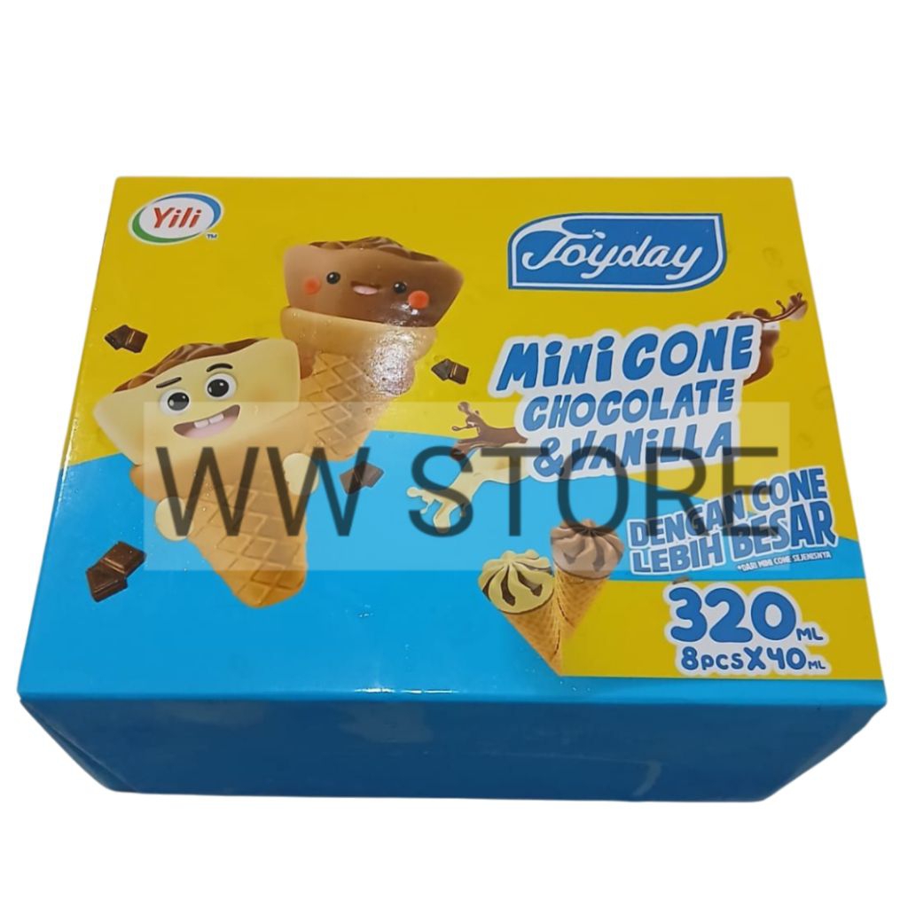

Es krim contong kerucut halal MUI Yili Joyday MINI CONE CHOCOLATE & VANILLA Family Pack 320ml ( 8pcs x 40ml )