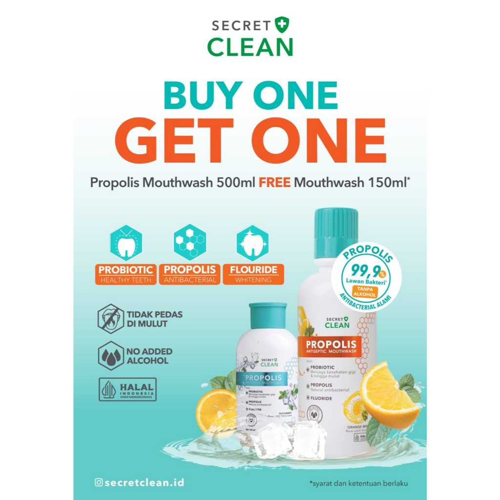 Buy 1 Get 1 Secret Clean Mouthwash Propolis Antiseptic 300ml Free 300ml BPOM Original COD