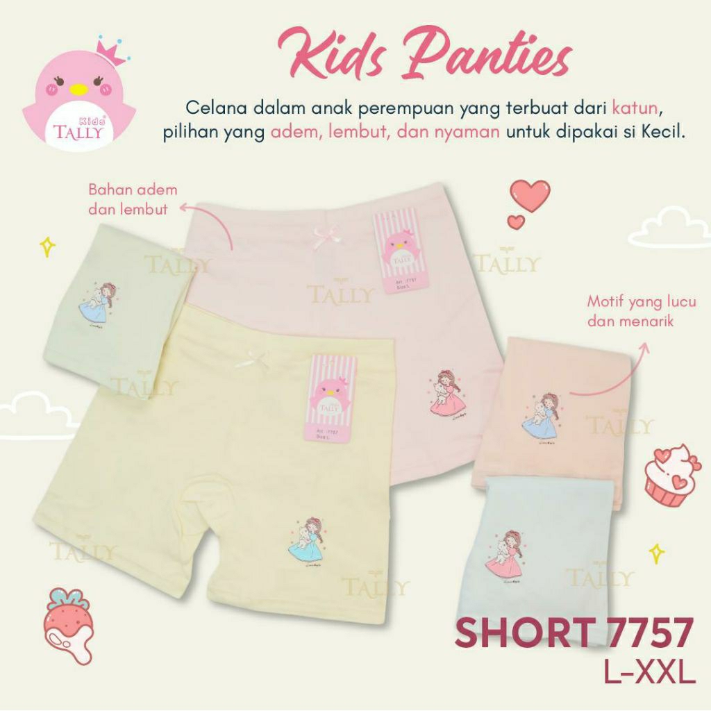 Paket 3 Pcs Tally Celana Dalam Short Anak Perempuan Bahan Katun Size L-XXL art.7757/7760