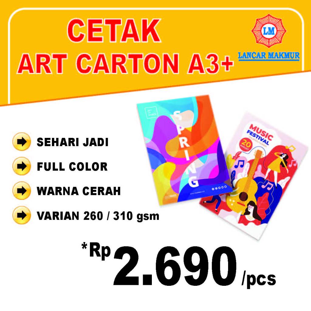 

Cetak Art Carton 260gsm | Art Carton 310gsm | Laminasi Doft / Glossy / Tanpa | Full Color