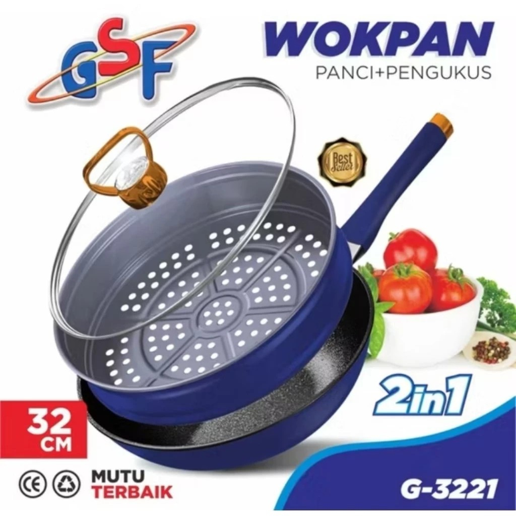 WOK PAN PANCI + PENGUKUS GSF G-3221 / panci anti lengket gsf / wajan anti lengket gsf / panci 2in1