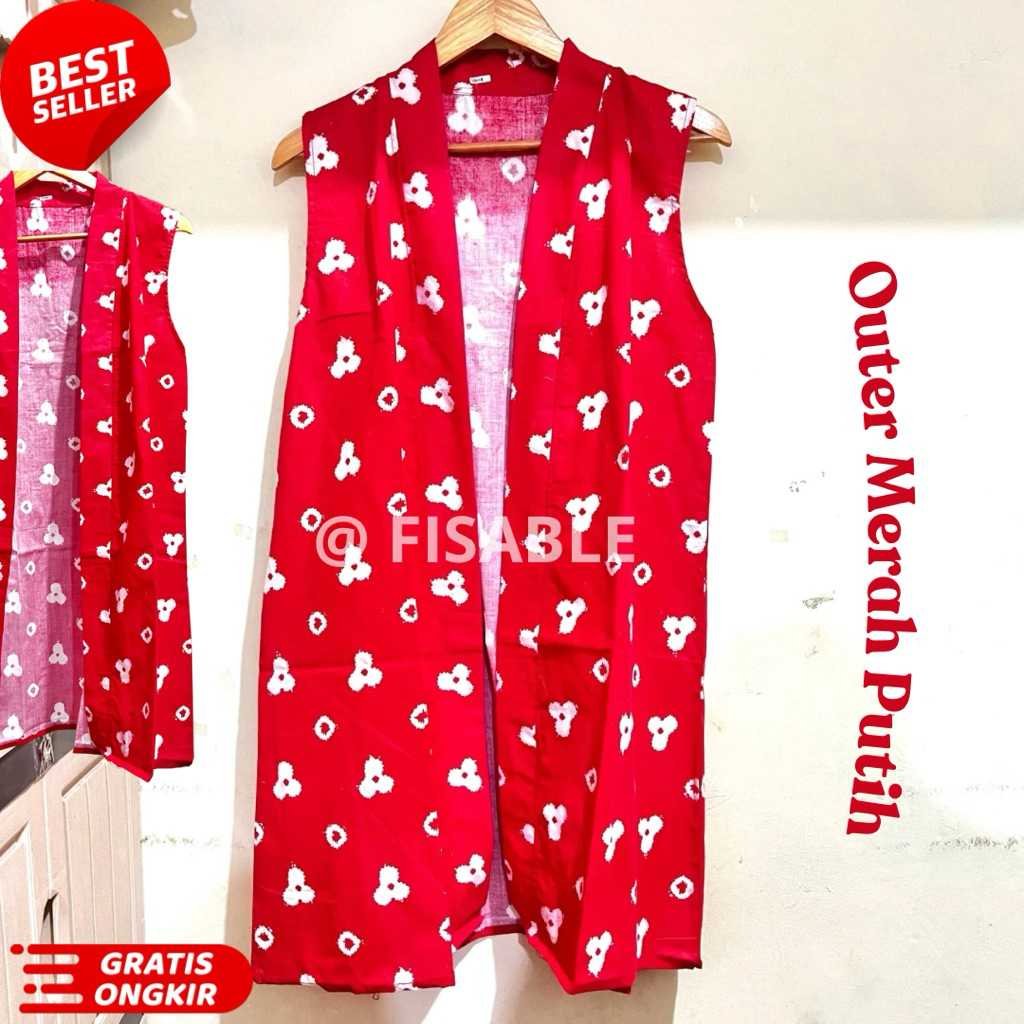 Outer Motif Jumputan | Outer Merah Putih Outer Wanita Dewasa Cardigan Merah Putih 17 agustus