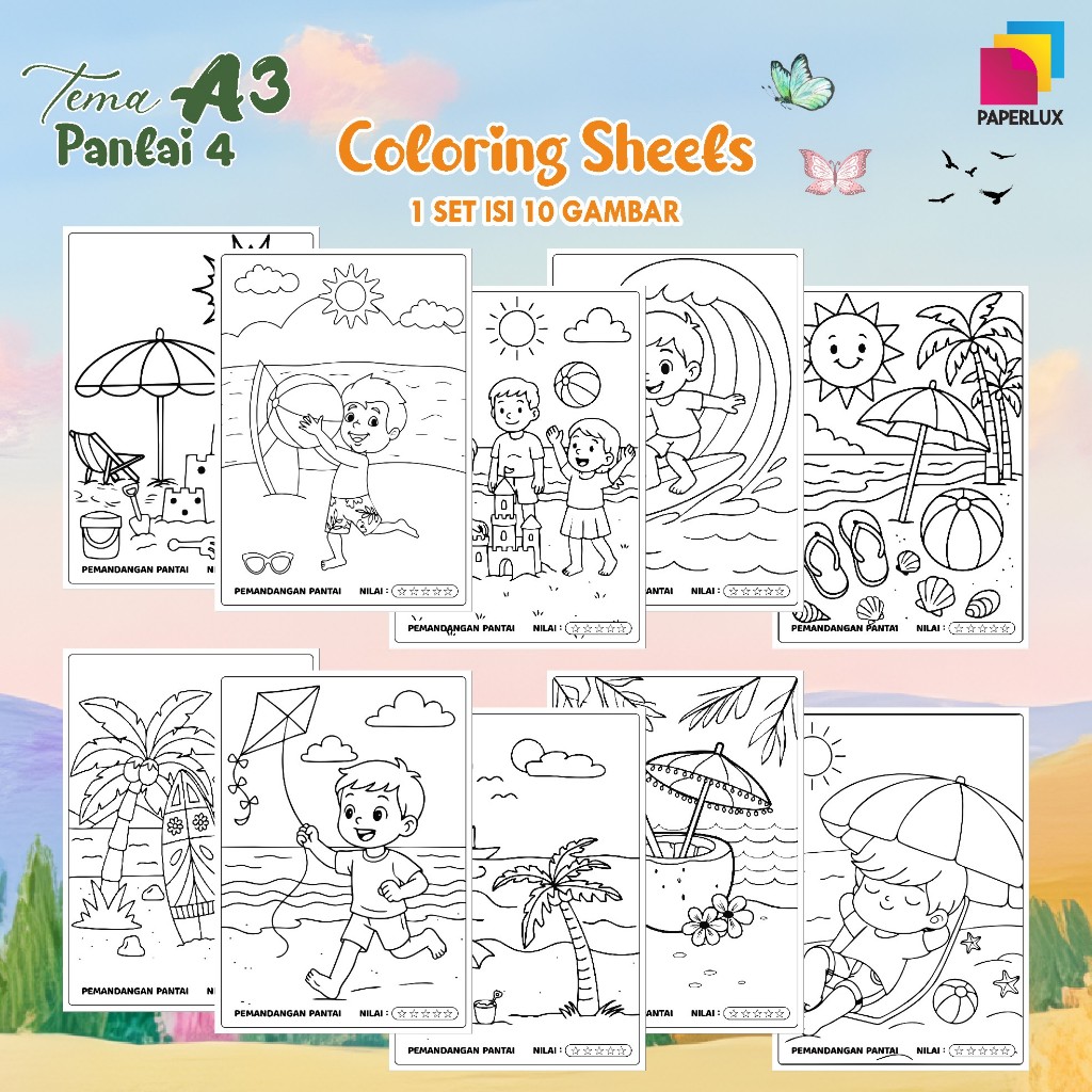 

KERTAS GAMBAR MEWARNAI TEMA PANTAI - LEMBAR COLORING SHEETS FOR KIDS ISI 10 LEMBAR [A3] READY