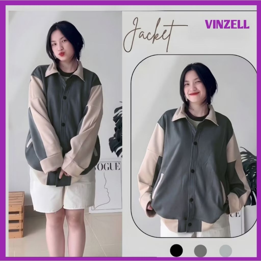 VINZELL- Zip Varsity Jaket Berkerah Big Size ( S - 6XL ) Bomber POLOS BASIC SIMPLE Kombinasi Pria Wa