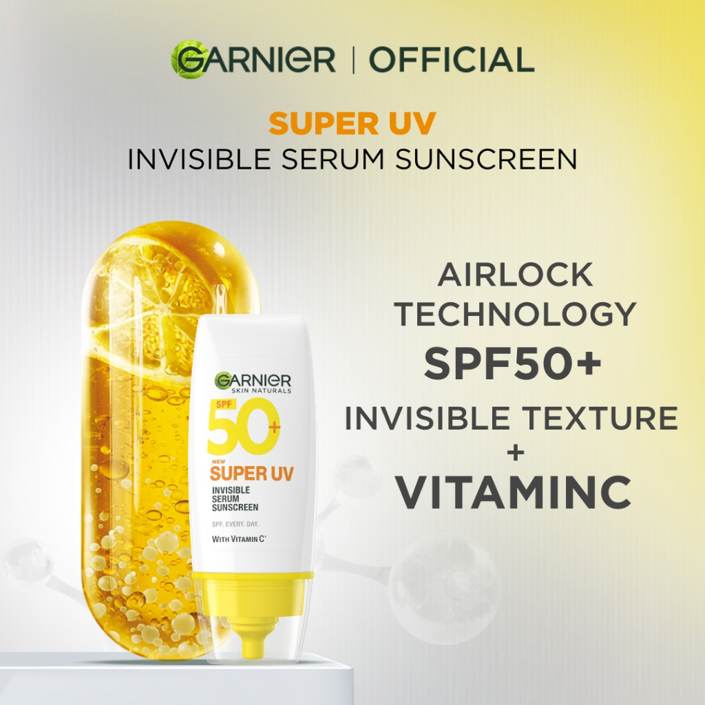 GARNIER Super UV Invisible Serum Sunscreen SPF 50+ PA++++ Vitamin C Skincare - 30ml Sunblock Mencera