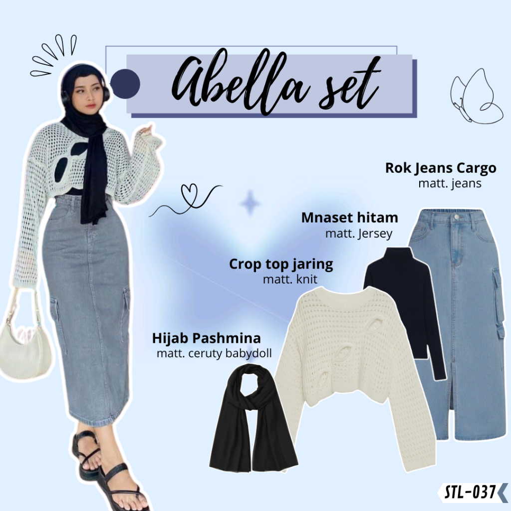 One Set  Wanita Korean Style  4in1 Abella set STL-037 [Atasan Rajut Crop Top Jaring | Rok Cargo Jean