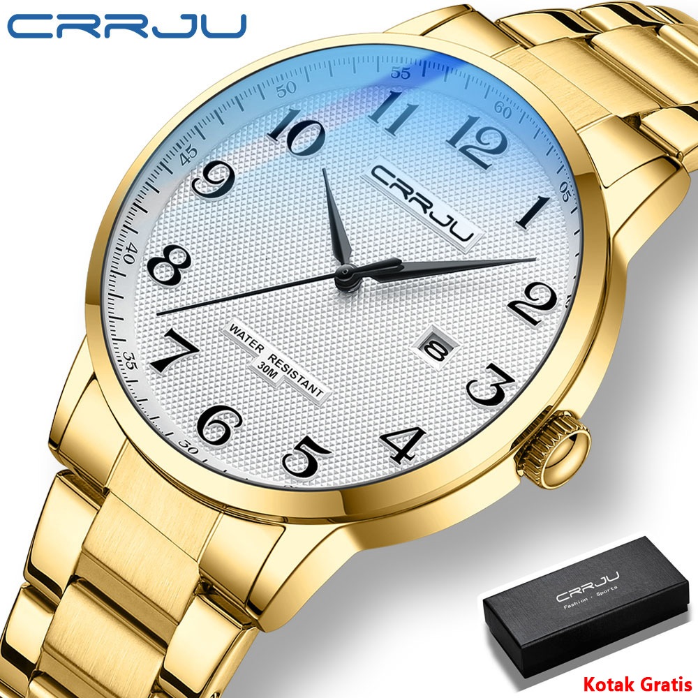 CRRJU Jam Tangan Pria Anti Air Original Kuarsa Transparan Dial Cool Tali Stainless Steel Kalender Em