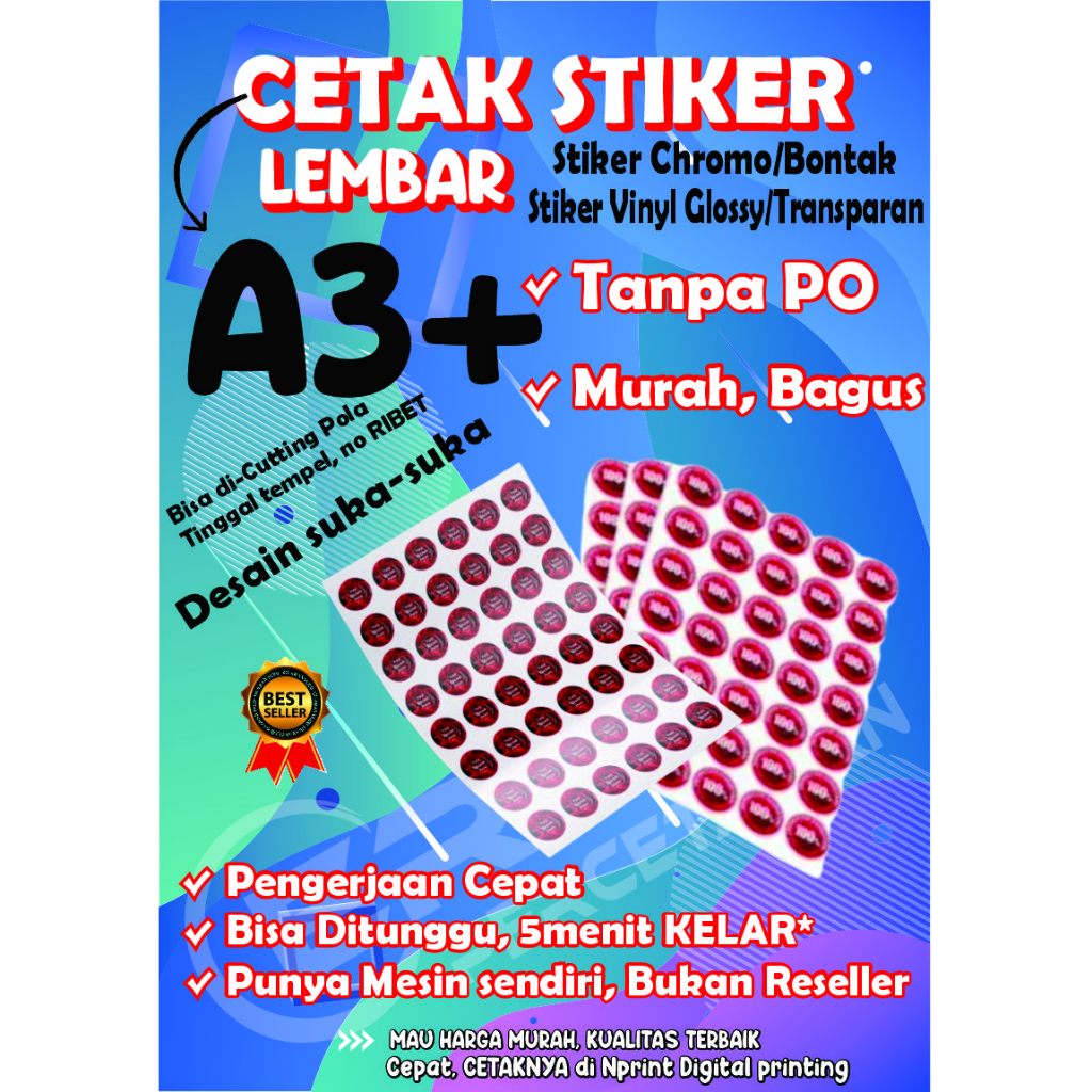 

PRINT A3+ stiker chromo bontak stiker vinil transparan vinil glossy sudah free cutting kiss cut
