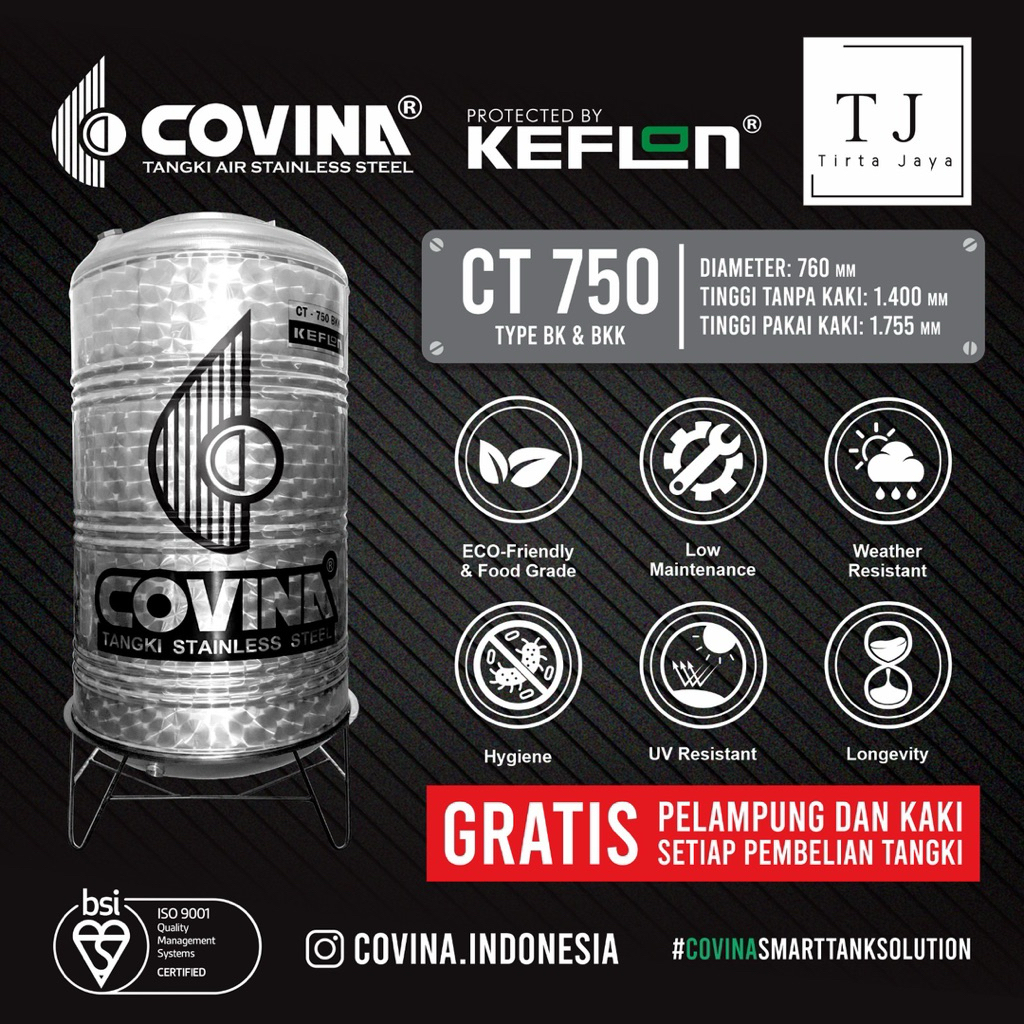 Tangki Air COVINA STAINLESS STEEL CT 750 BK BKK Tandon Air Toren Air