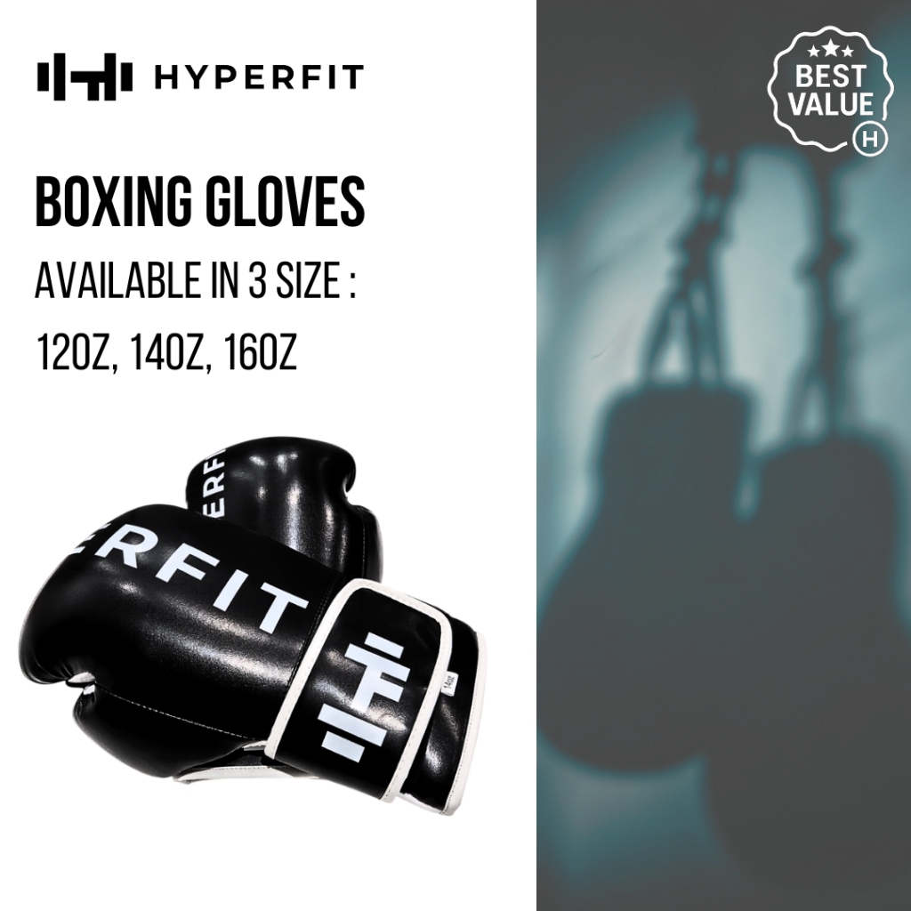 HYPERFIT Sarung Tinju – PU Foam, Ukuran 12oz, 14oz, 16oz, Hitam & Putih