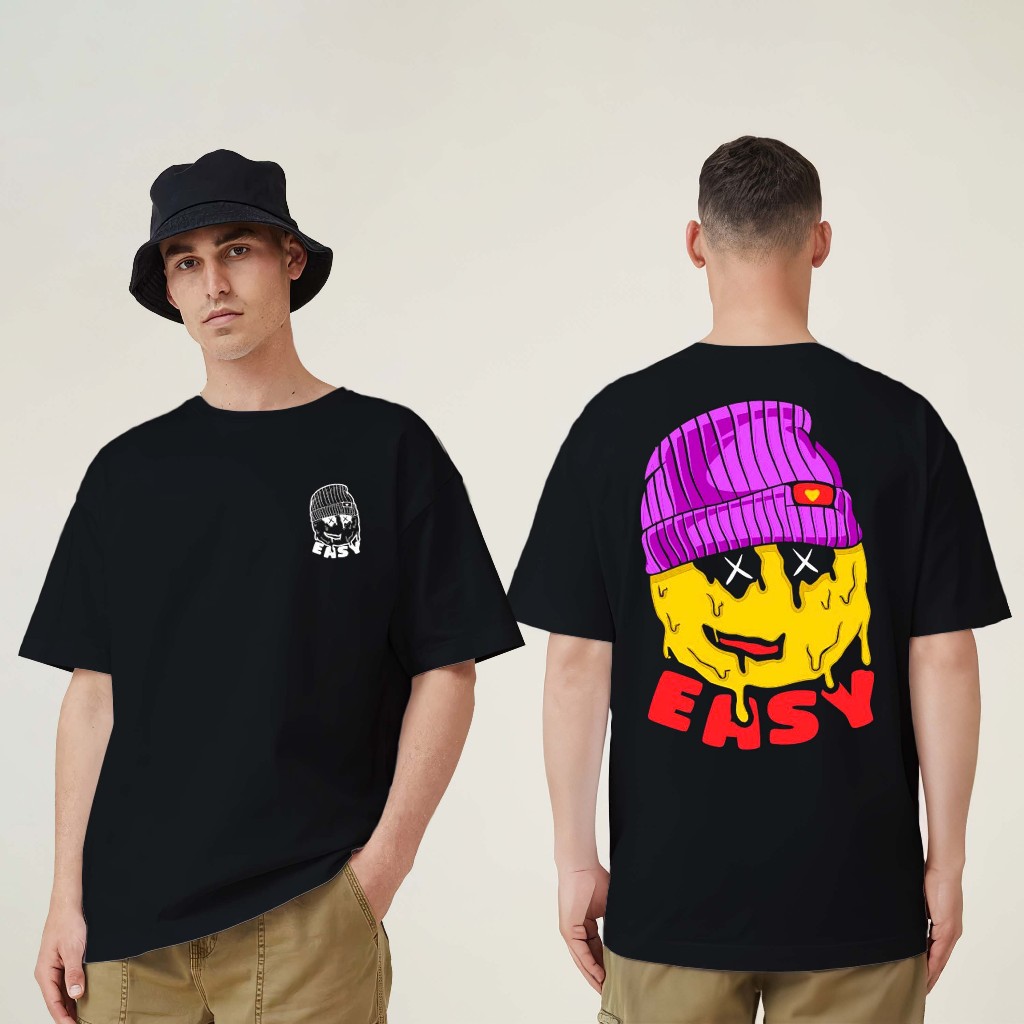 Kaos Pria Gambar SMILE EASY Tshirt Bahan Katun Combed 30s Warna Hitam Baju Distro Motif Streetwear
