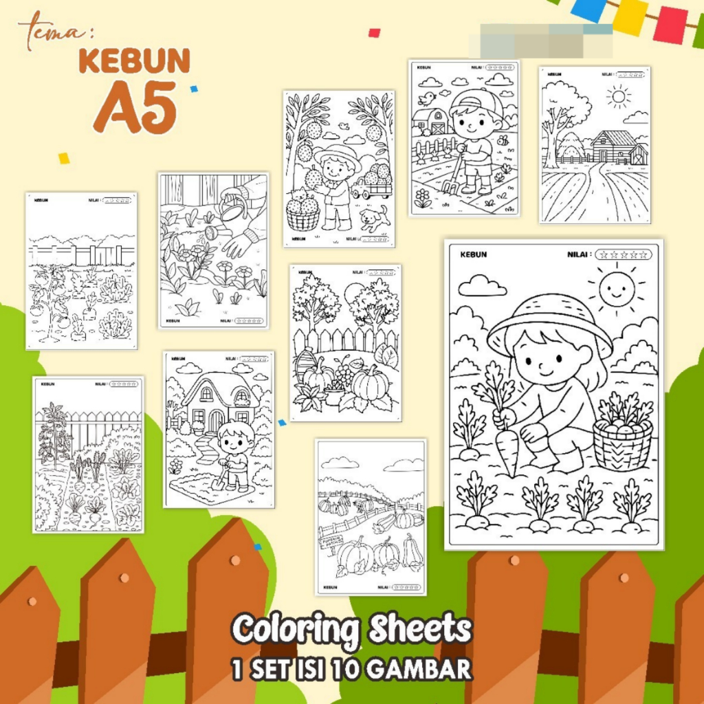 

KERTAS GAMBAR MEWARNAI TEMA KEBUN - LEMBAR COLORING SHEETS FOR KIDS ISI 10 LEMBAR [A5] READY
