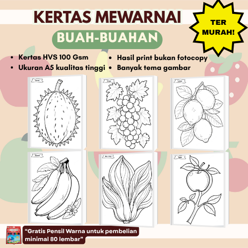 

Kertas Mewarnai Buah-buahan Ukuran A5 / Lembar Mewarnai Untuk PAUD TK SD