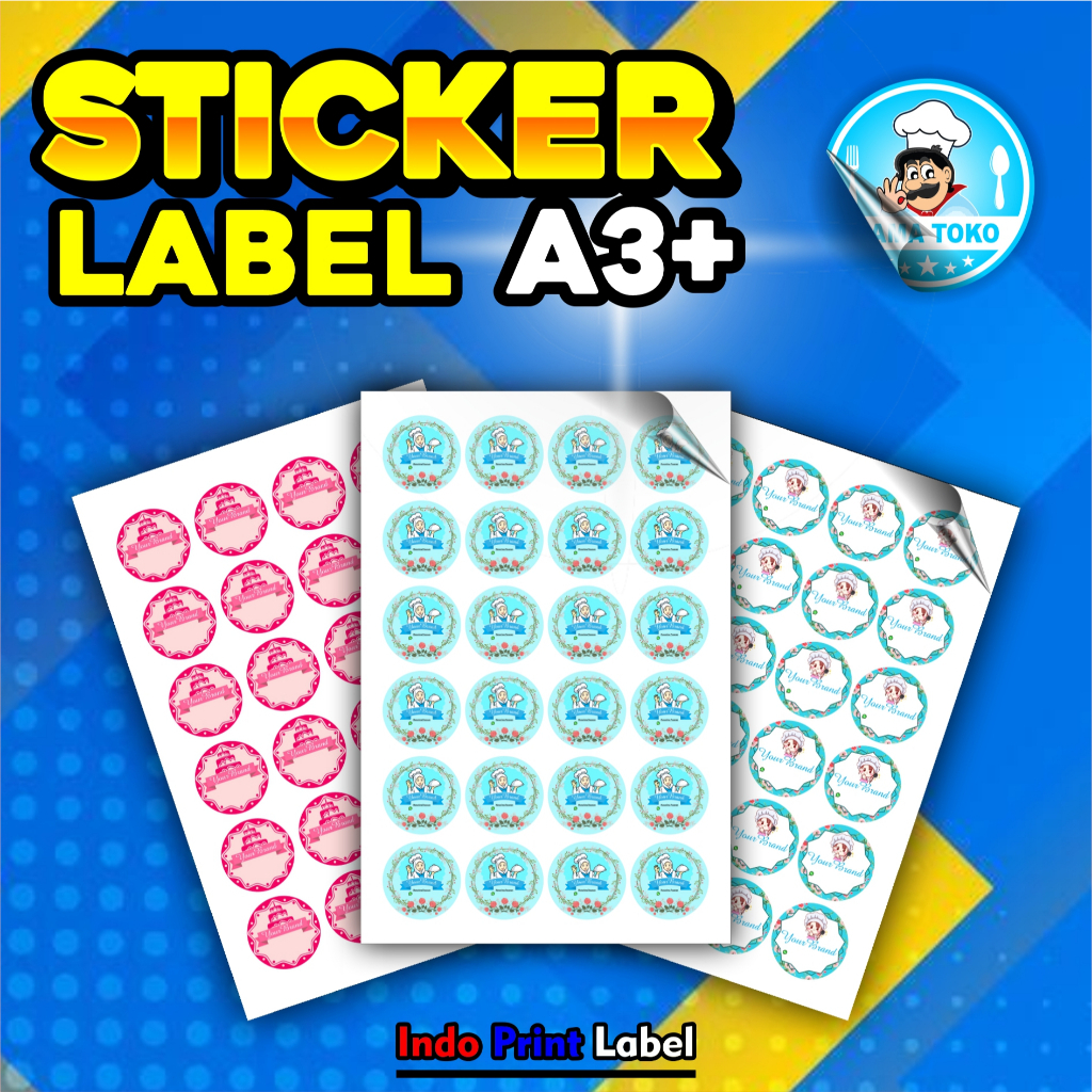 

CETAK STIKER LOGO BRAND A3+ / LOGO MAKANAN / BRAND MAKANAN / BRAND MINUMAN / STIKER BULAT / A3+