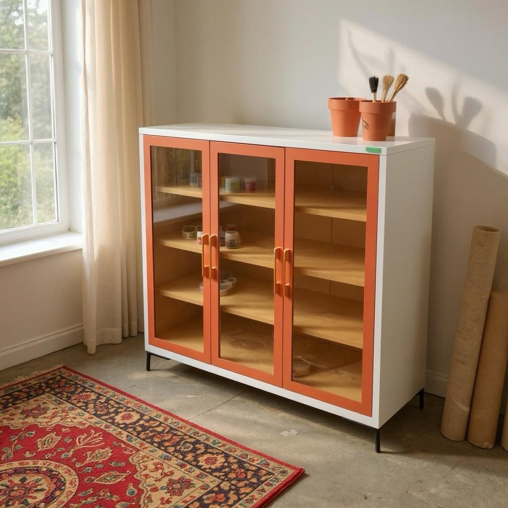 Lemari Sepatu 3 Pintu Plat Metal Pintu Kaca