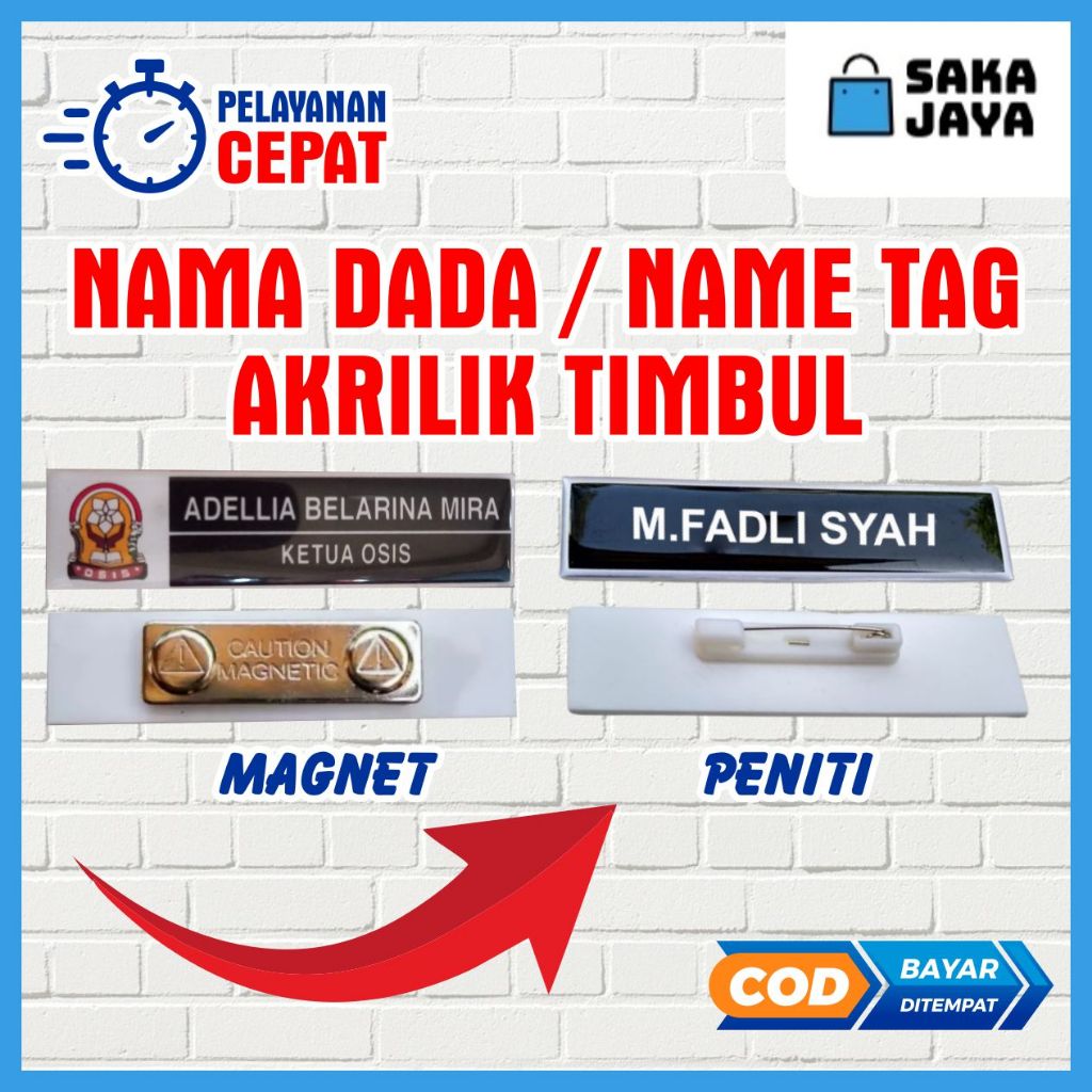 

COD Nama Dada Name Tag Papan Nama Akrilik Timbul Resin Magnet Peniti