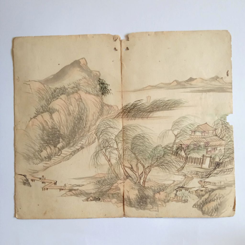 Antik Lukisan Kertas Cina Tinta Basah Pemandangan Suasana Pedesaan Tua Langka Layak Koleksi