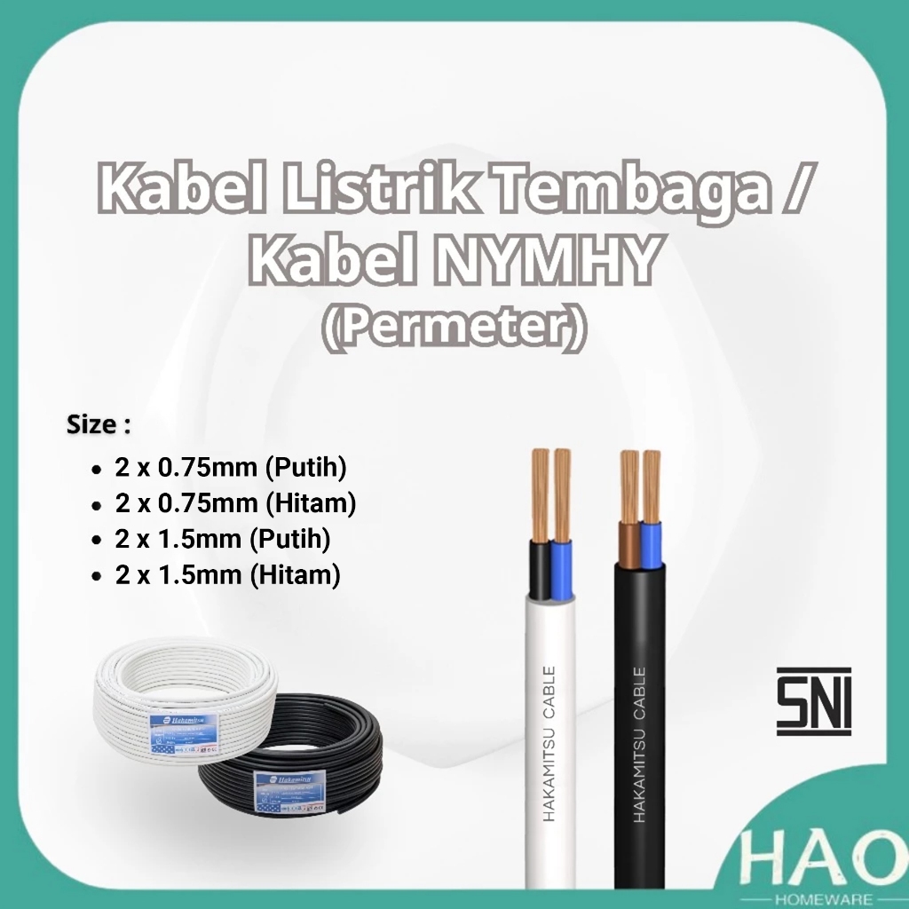 (Per-Meter) Kabel Tembaga Asli /Kabel Listrik Kabel NYMHY 2x0.75 mm & 2x1.5mm /Putih & Hitam