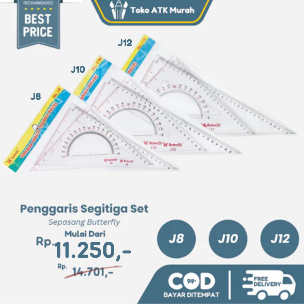 

Penggaris Segitiga Set Sepasang Butterfly J12 no.12 / J10 no.10 / J8 no.8 TERLARIS/TERMURAH
