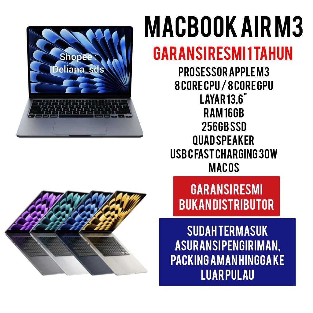 Macbook Air M3 2024 13" 16GB/512GB Garansi Resmi 1 Tahun Macbook Air M3 13" 16GB/512GB Macbook Air M