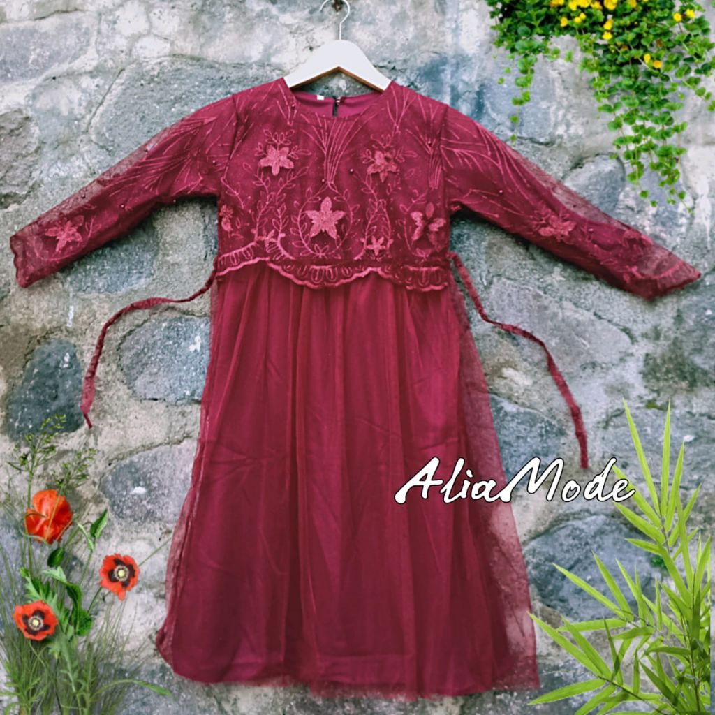 Gaun pesta anak brukat tile style korea full bordir mutiara