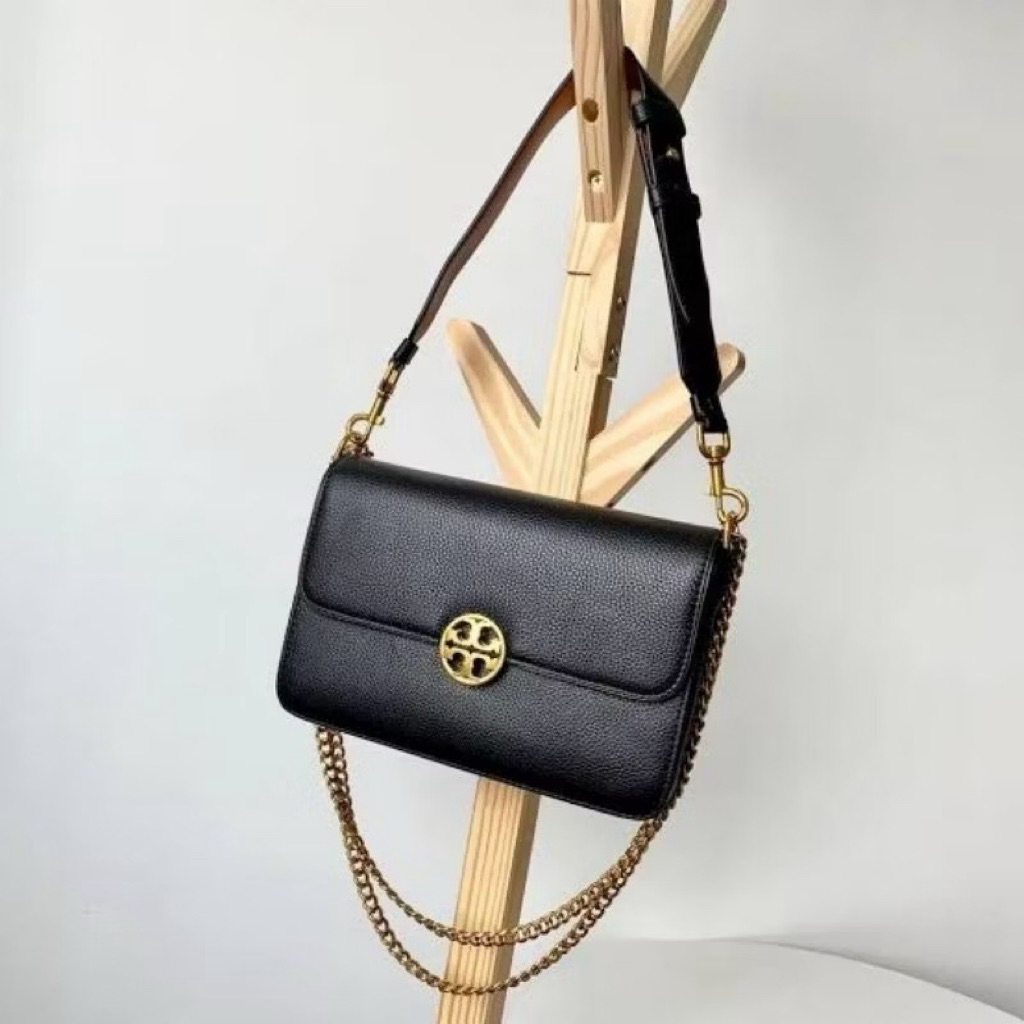 Preloved tas Tory Burch TB Chelsea in black chain bag pebbled leather