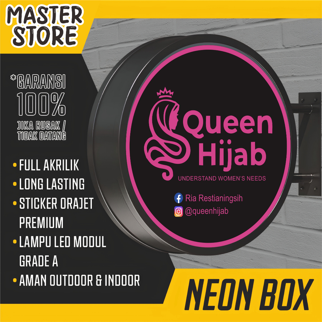 

Neon Box Custom Akrilik Bulat 2 Sisi Outdoor Free Bracket Siap Pasang