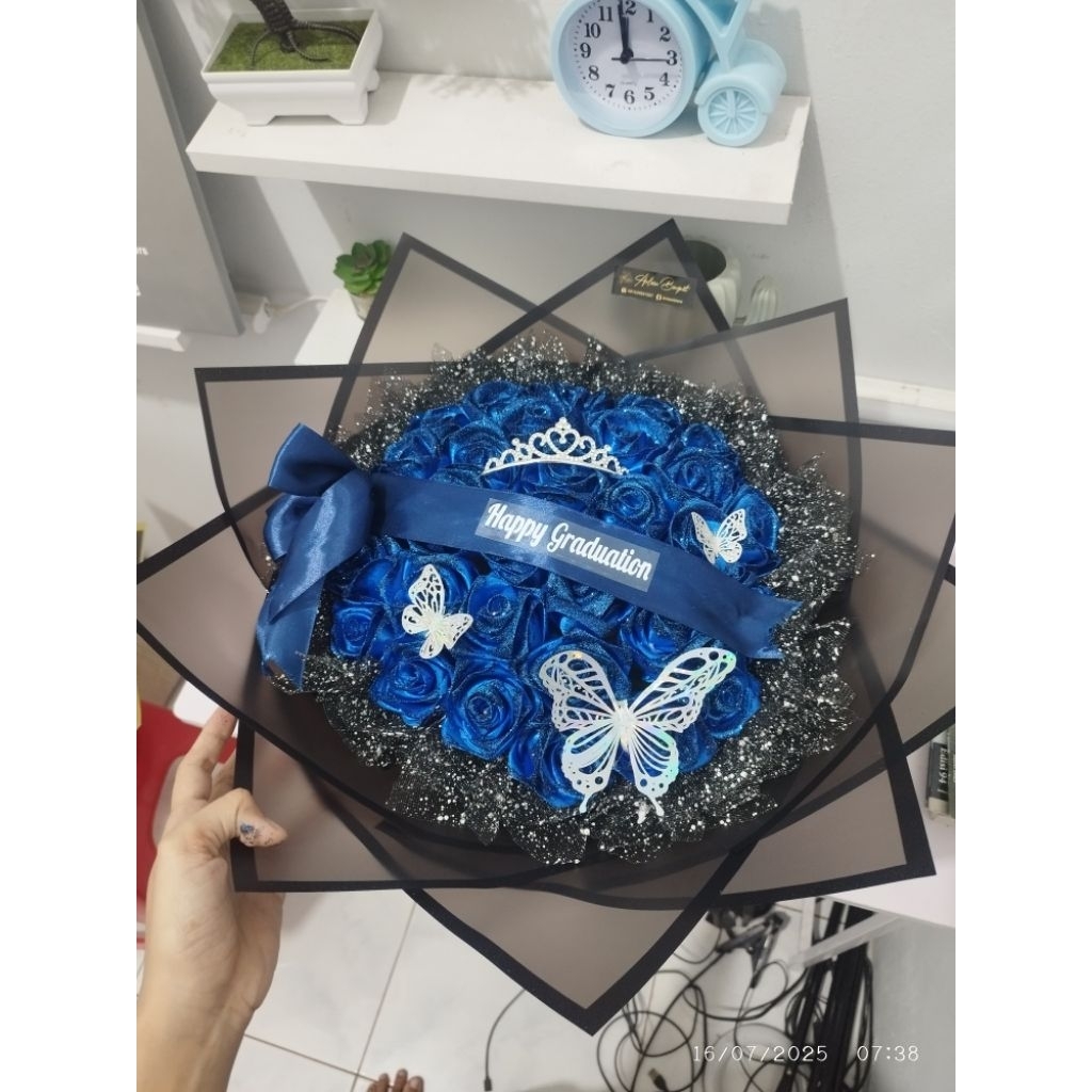 bouquet bunga satin navy - buket pita satin warna biru tua/navy - bucket pita satin glitter