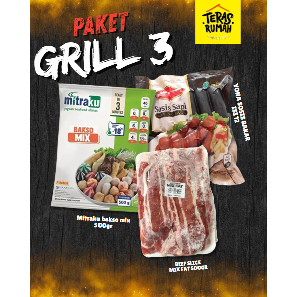 

PAKET BBQ 3 GRILL BEBAKARAN - BEEF SLICE MIX FAT, YONA SOSIS BAKAR & MITRAKU BAKSO MIX