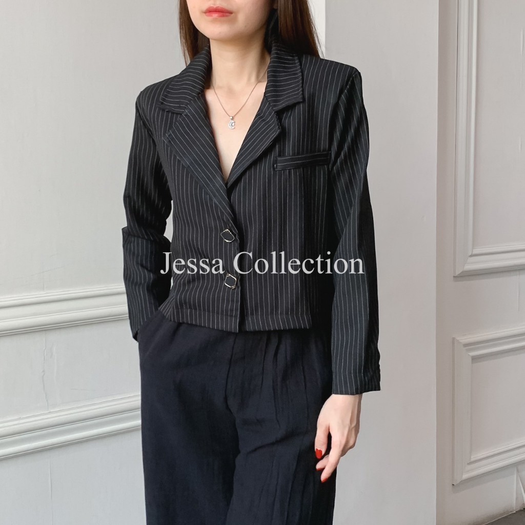 Ritzuka Crop Top Blazer FG Baju Wanita Tangan Panjang Motif Garis-Garis Casual Simple / Blouse Salur
