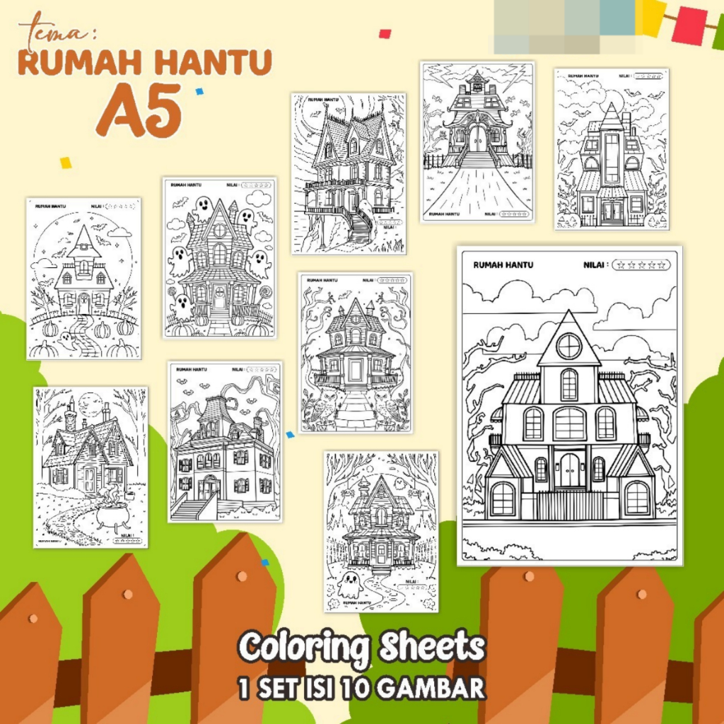 

KERTAS GAMBAR MEWARNAI TEMA RUMAH HANTU - LEMBAR COLORING SHEETS FOR KIDS ISI 10 LEMBAR [A5] READY