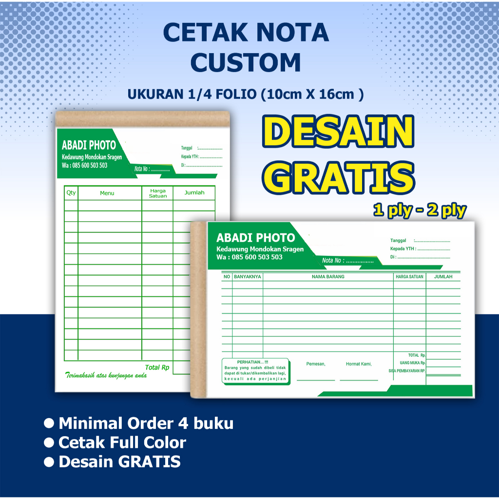 

Nota Custom 2 Ply 1/4 Folio | Cetak Nota Toko & Olshop Murah | Desain Bebas