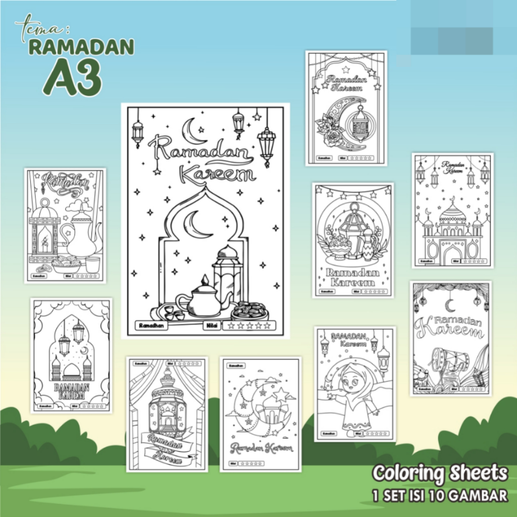 

KERTAS GAMBAR MEWARNAI TEMA HARI BESAR ISLAM A3 ISI 10 LEMBAR - COLORING SHEET FOR KIDS READY STOCK
