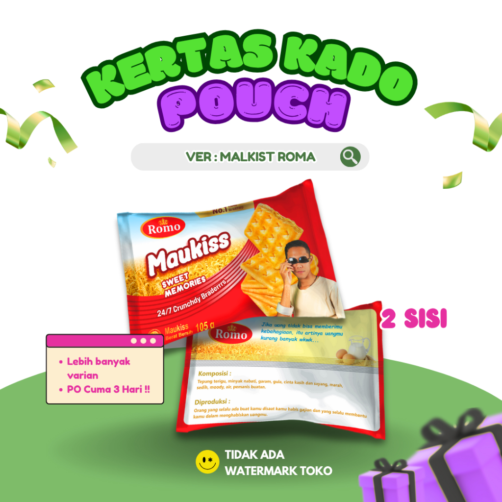 

KERTAS KADO POUCH MALKIST ROMA DEPAN BELAKANG | BUNGKUS KADO | PO TERCEPAT