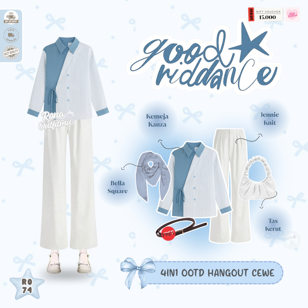 Rona -  Selebgram Outfit | Bella Square Silver, Shoulder Bag Putih, Kemeja Kanza Biru - Putih, Jenni