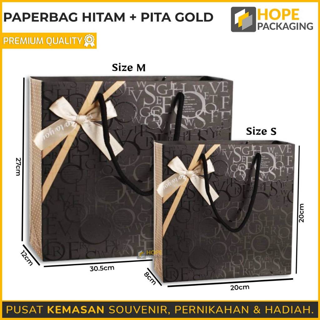 

Paperbag Hitam + Pita Gold/ Tas Kado Souvenir Hadiah Elegan/ Paperbag Hampers/ Tas Hadiah Cantik