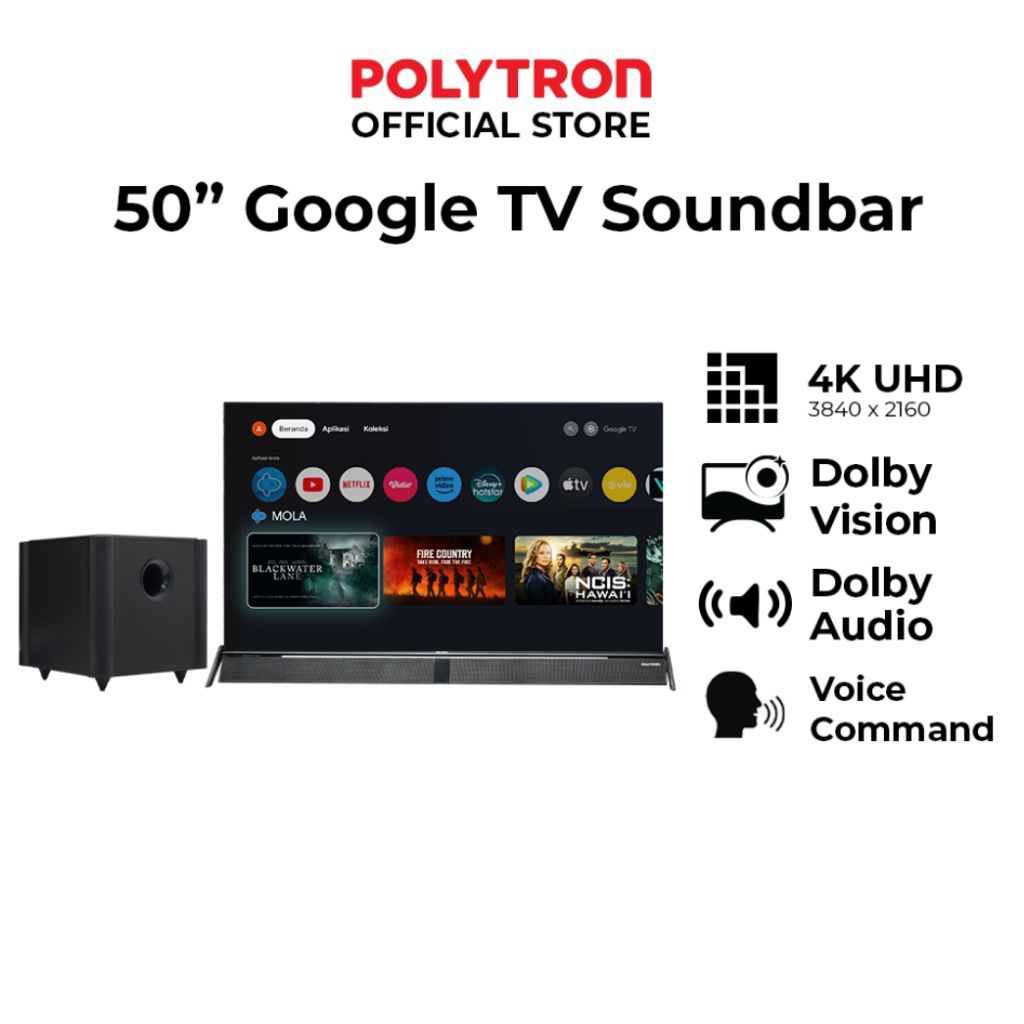 GOOGLE TV POLYTRON 50 INC UHD 4K 50BUG5959/5058 SINEMAX SOUNBAR GARANSI 5 TAHUN