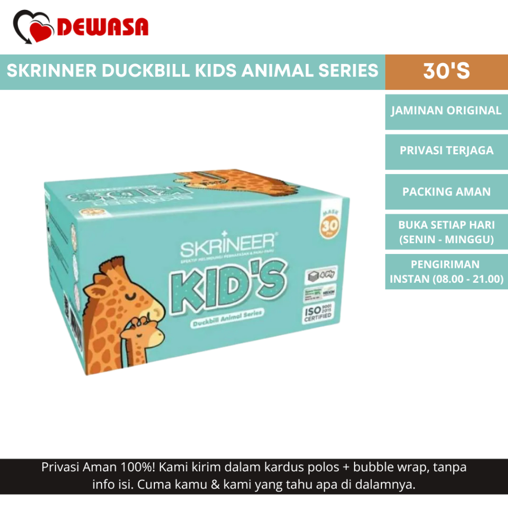 Skrineer Duckbill Masker Anak 4 Ply Animal Series Isi 30 | Motif Giraffe Dolphin Owl | Masker Medis 