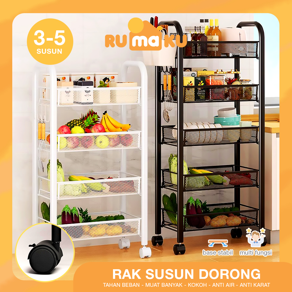 Rumaku Rak Dapur Susun 5 Tingkat Roda Troli Serbaguna Bahan Besi Anti Karat Berkualitas