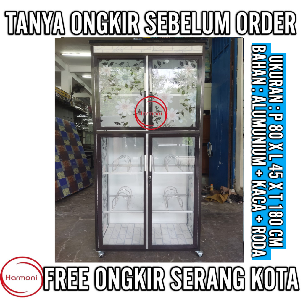 RAK PIRING BOX ALUMUNIUM KACA MOTIF RODA RAK DAPUR ALUMUNIUM BOX