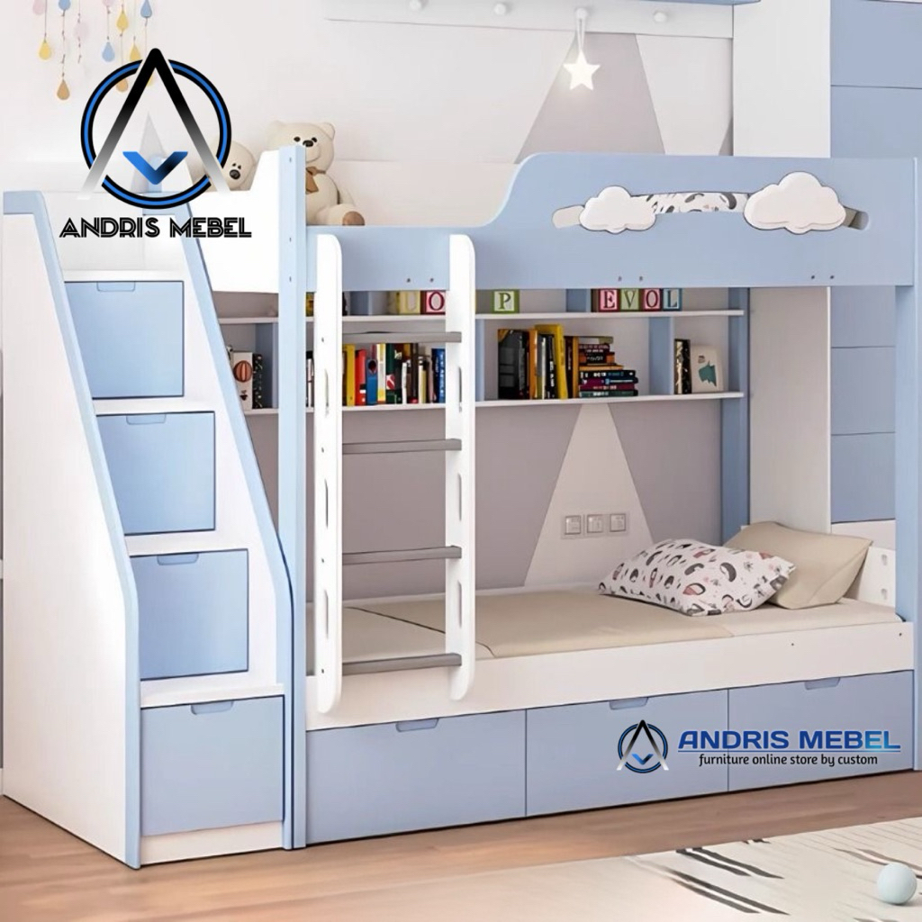 Tempat tidur tingkat cowok biru, Kasur tingkat 2 susun Kayu 120x200