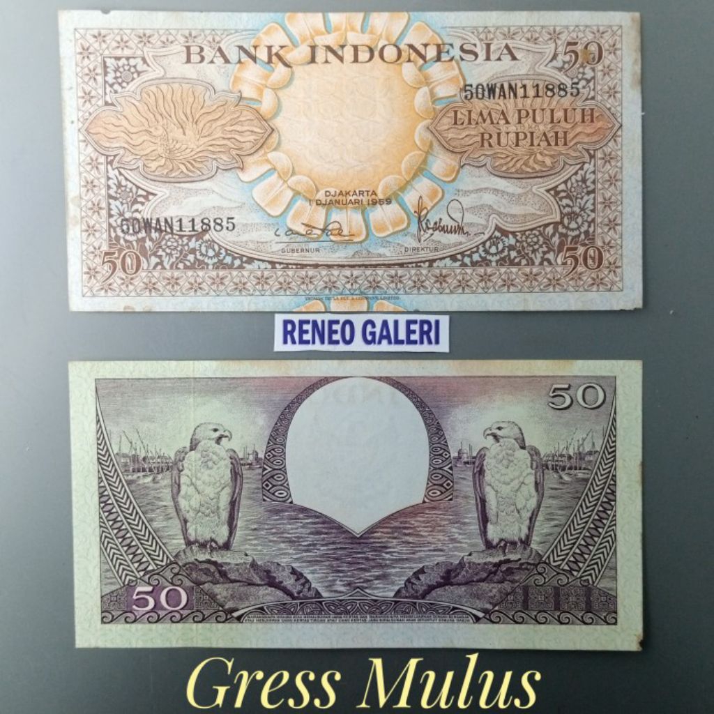Mulus asli Rp 50 Rupiah Seri bunga burung tahun 1959 uang kertas Kuno duit jadul lawas lama original