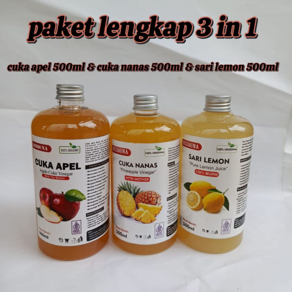 

paket lengkap 3 in 1 cuka apel 500ml + cuka nanas 500ml + sari lemon 500ml - RIZQUNA - paket hemat - paket sehat - paket murah