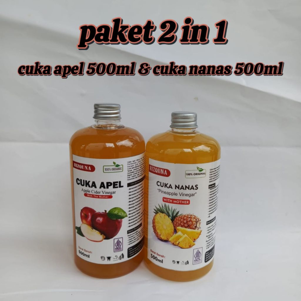 

paket 2 in 1 cuka nanas 500ml + cuka apel 500ml - RIZQUNA - paket sehat - paket diet - paket murah